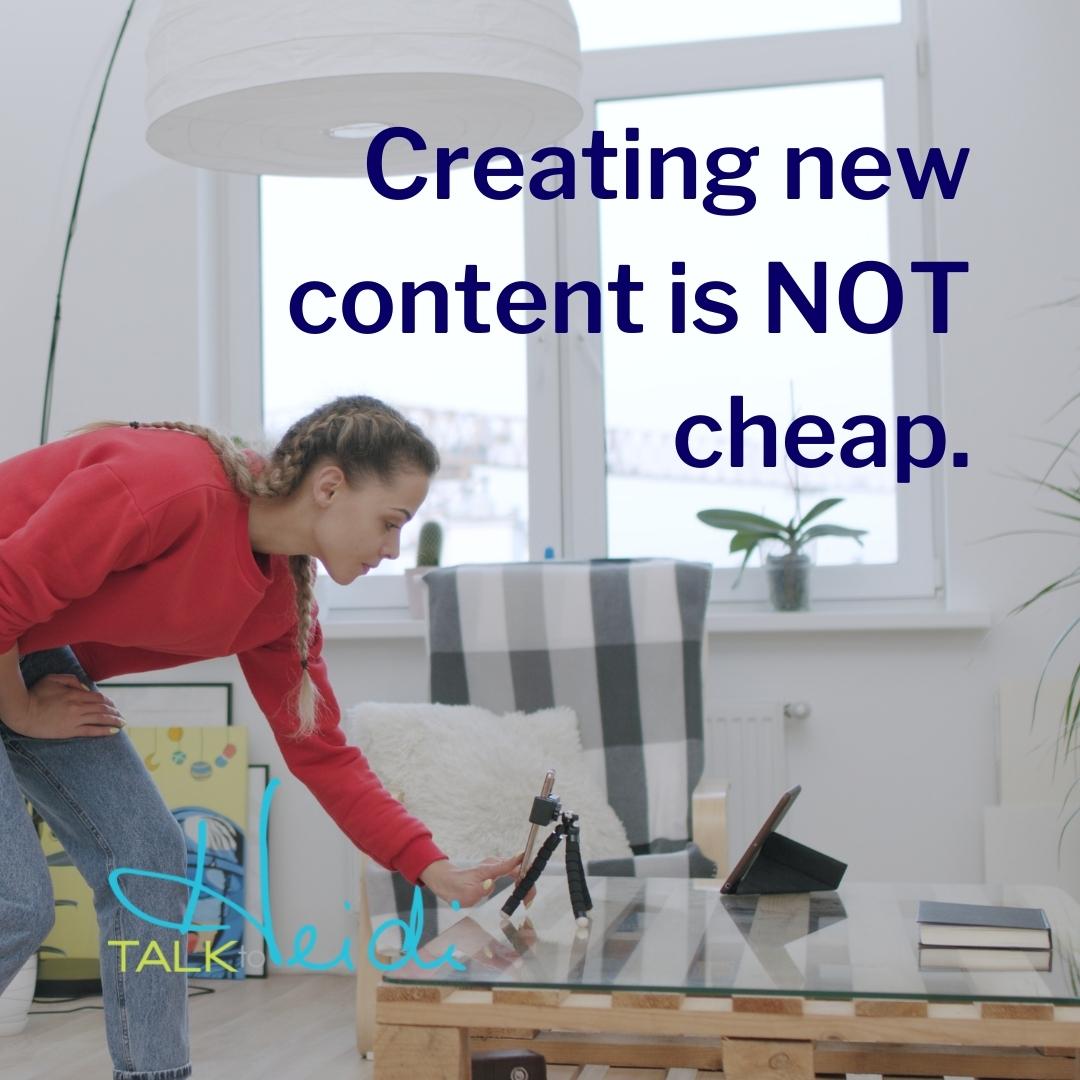 4 Woman in red sweater setting up to record a video with the saying 'creating new content is not cheap.'